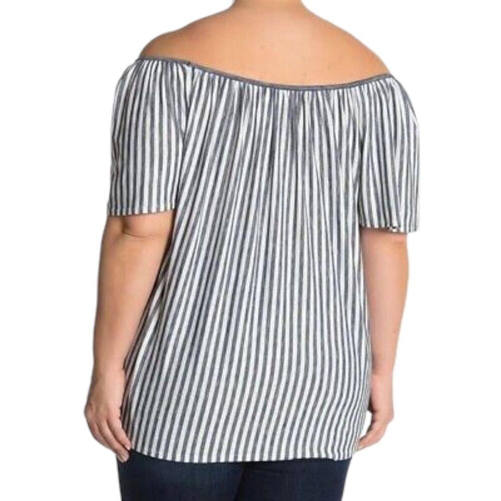 MAX STUDIO Shirred Flowy Blouse Pinstriped Off Shoulder Chic Top Soft Gray 2X - Picture 2 of 9